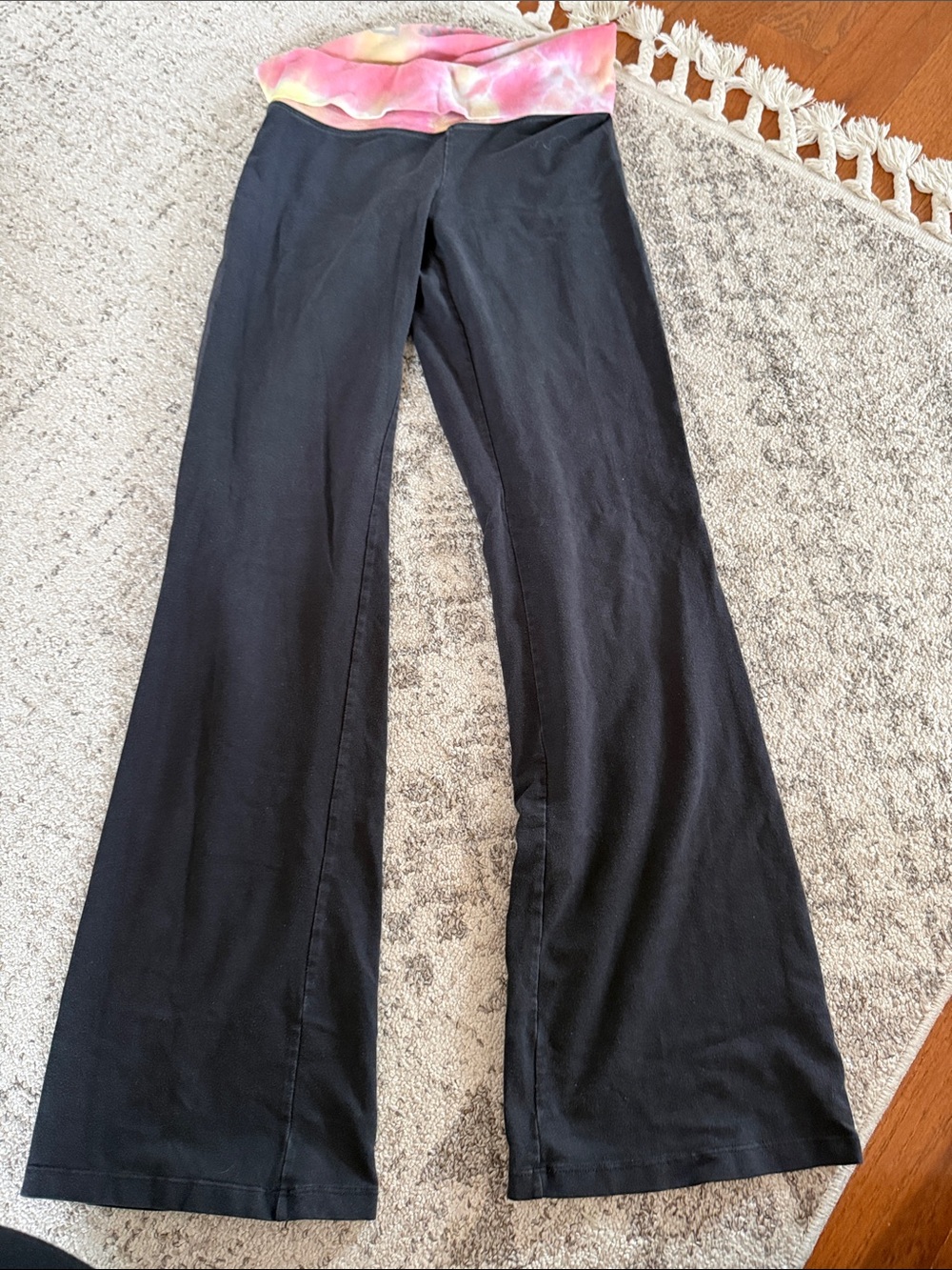 PINK Victoria's Secret Black Wide-Leg Yoga Pants with Pink Tie-Dye Waistband